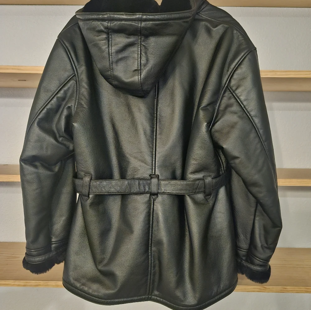 Wilsons Leather Black Hooded Belted Faux Leather Jacket